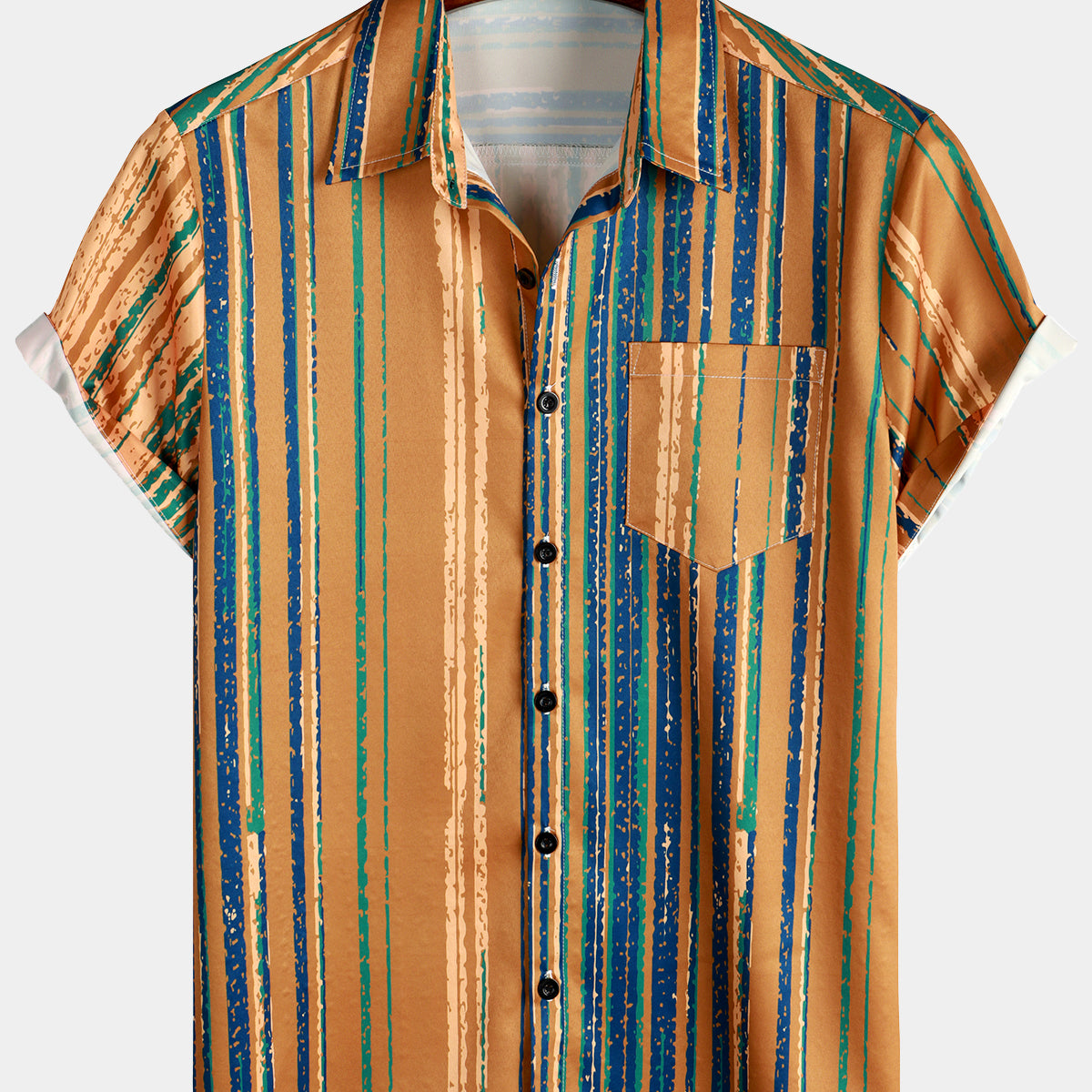 Men's Vintage Yellow And Blue Vertical Striped Button Up Pocket Short Sleeve Shirt