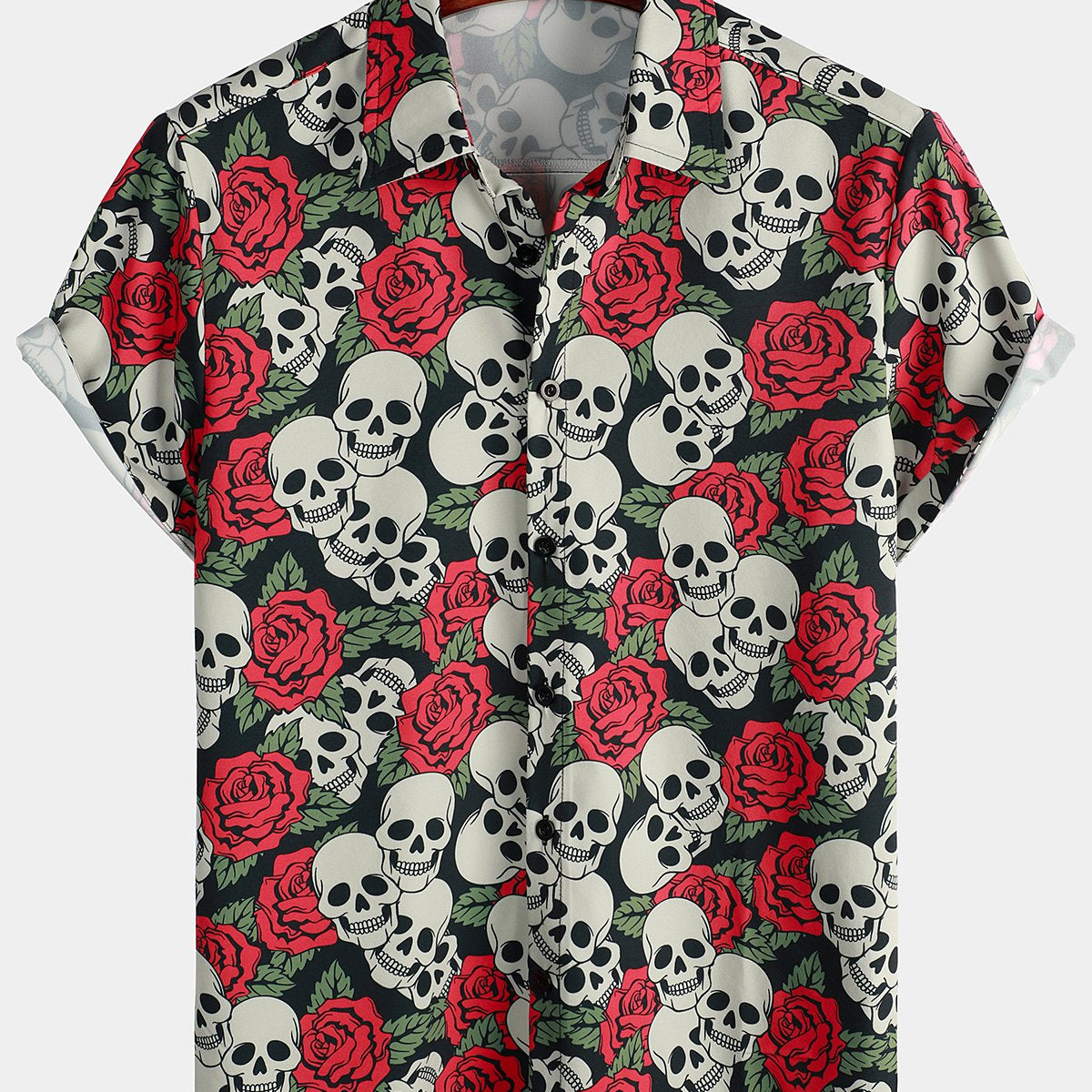 Men's Gold Skull Rose Print Short Sleeve Shirt
