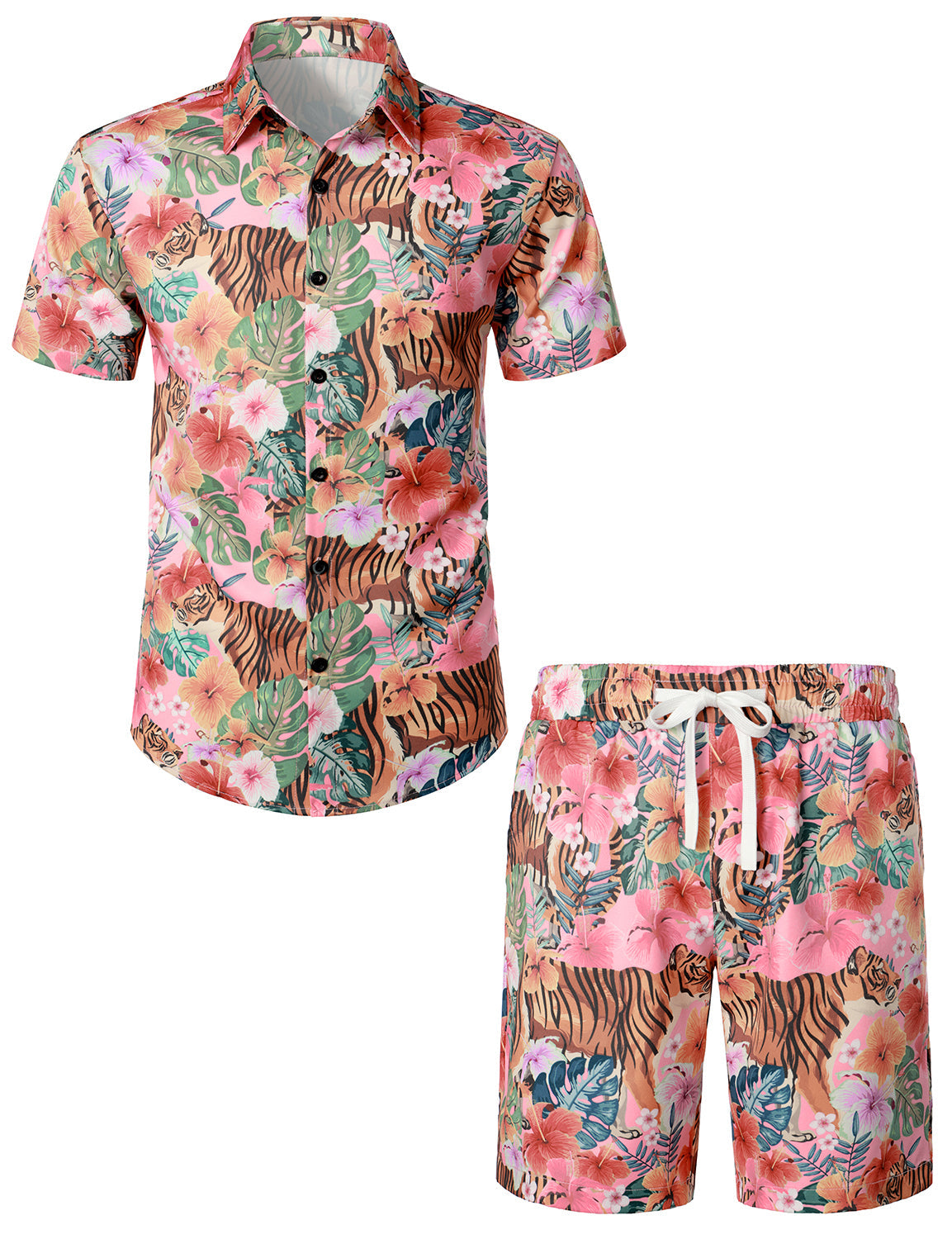 Men's Floral Tiger Print Hawaiian Shirt & Shorts Set