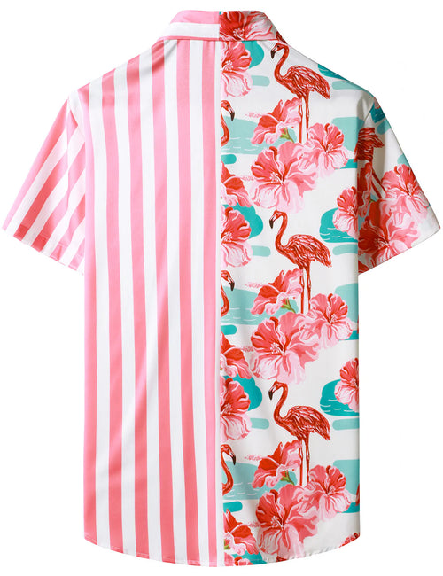 Men's Floral Flamingo Hawaiian Animal Pink Striped Flowers Aloha Short Sleeve Vacation Beach Shirt