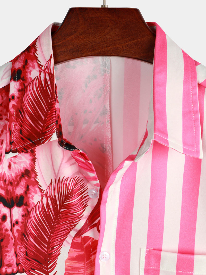 Men's Pink Cat & Striped Print Short Sleeve Shirt