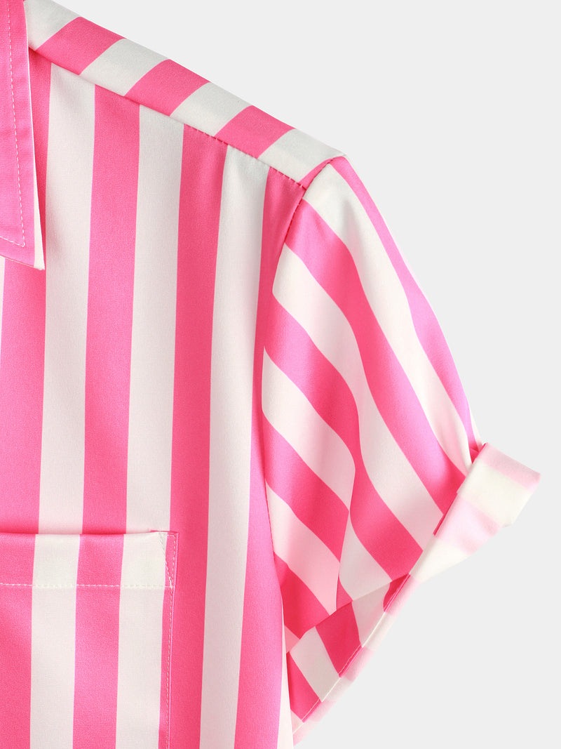 Men's Pink Cat & Striped Print Short Sleeve Shirt