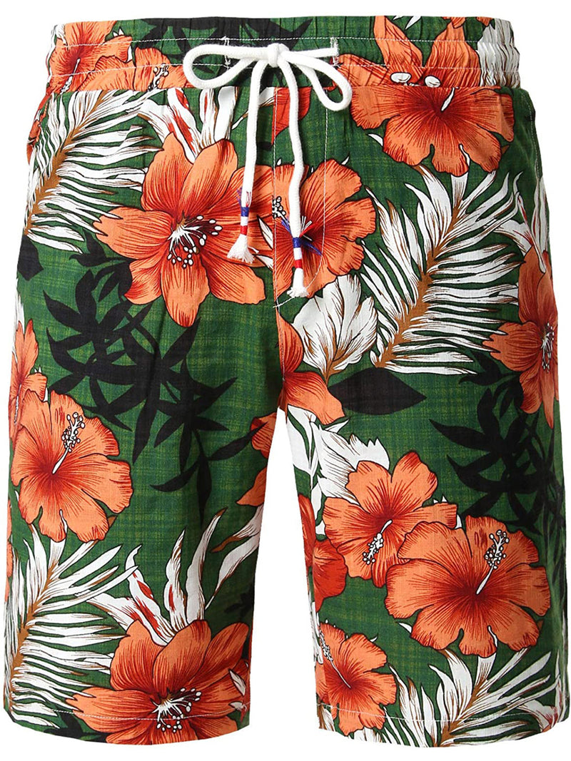 Men's Cotton Casual Green Flower Hawaiian Shorts