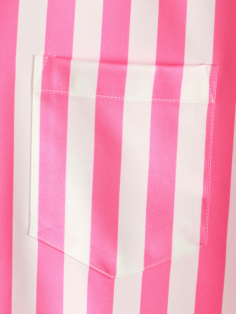 Men's Pink Cat & Striped Print Short Sleeve Shirt