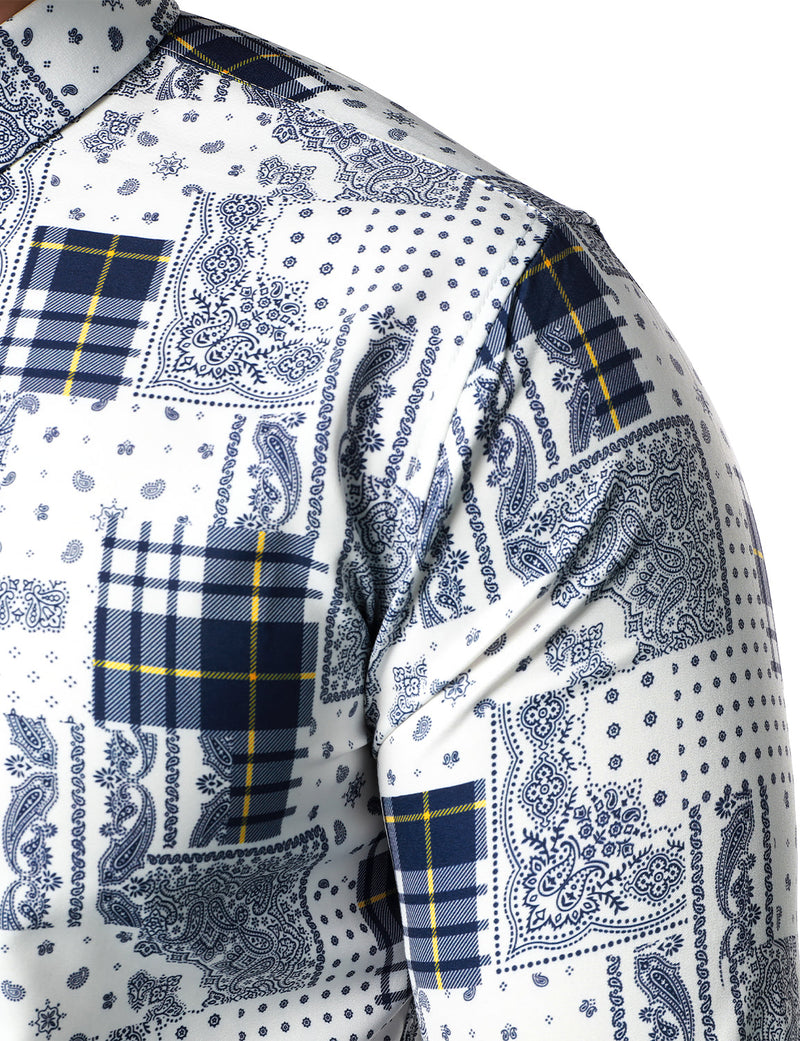 Men's Casual Paisley Check Print Checkered Patchwork White Long Sleeve Shirt