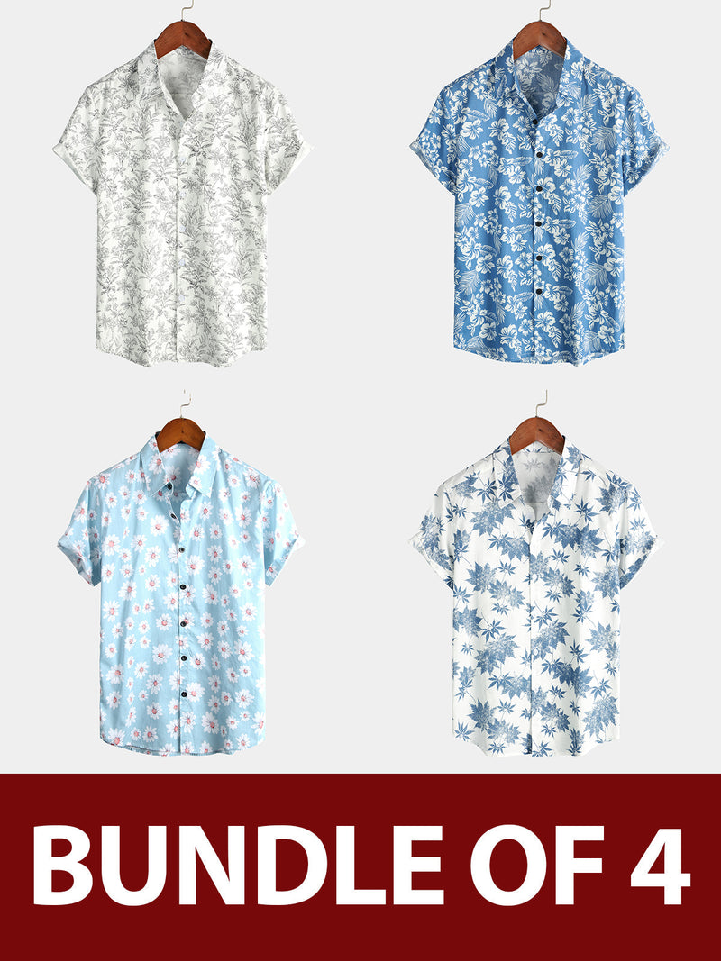 Bundle Of 4 | Men's Cotton Maple Leaf & Daisy Print Breathable Short Sleeve Shirts