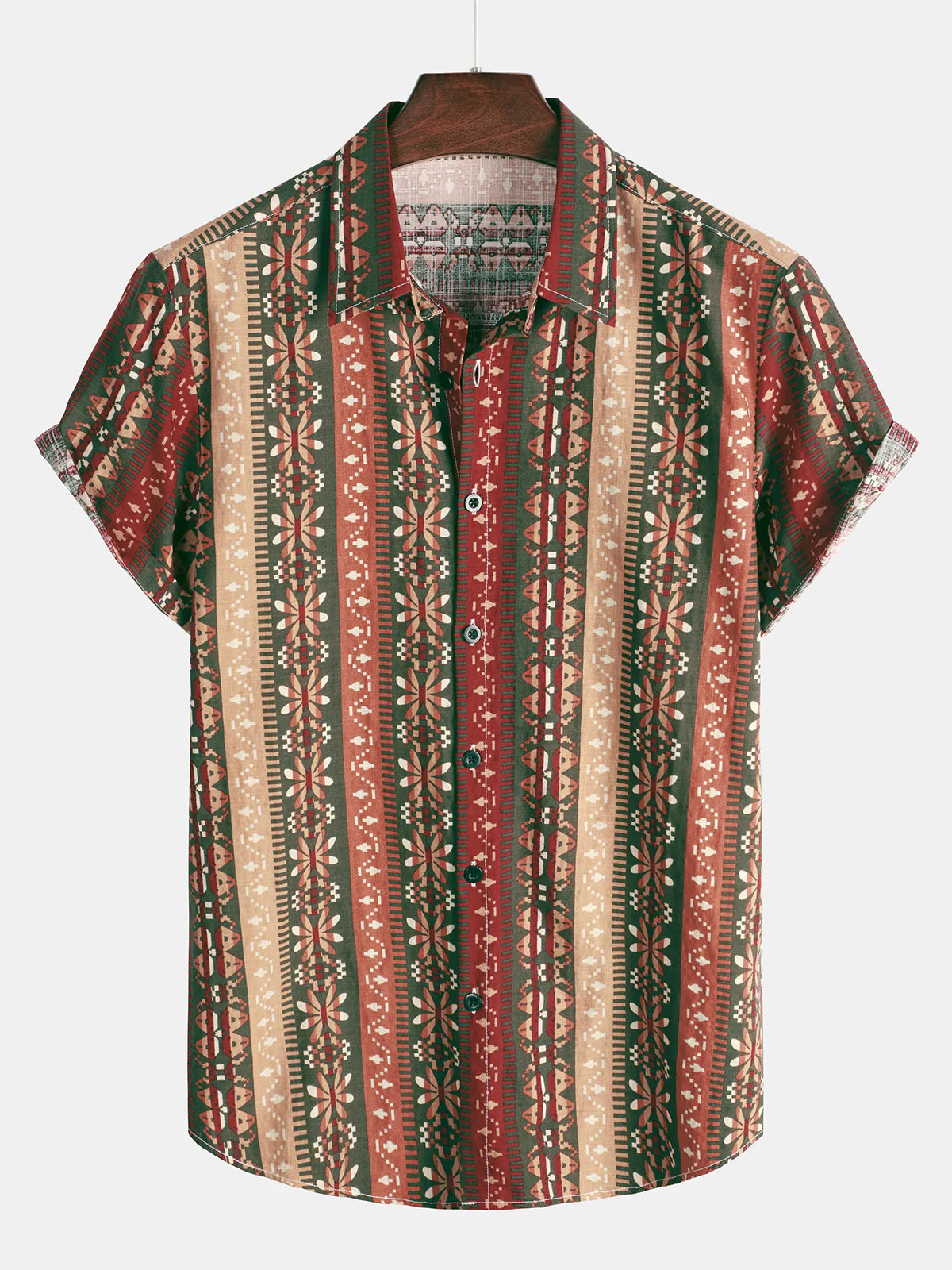 Men's Vintage Floral Vertical Striped 70s Button up Cotton Brown Orange Bohemian Short Sleeve Shirt