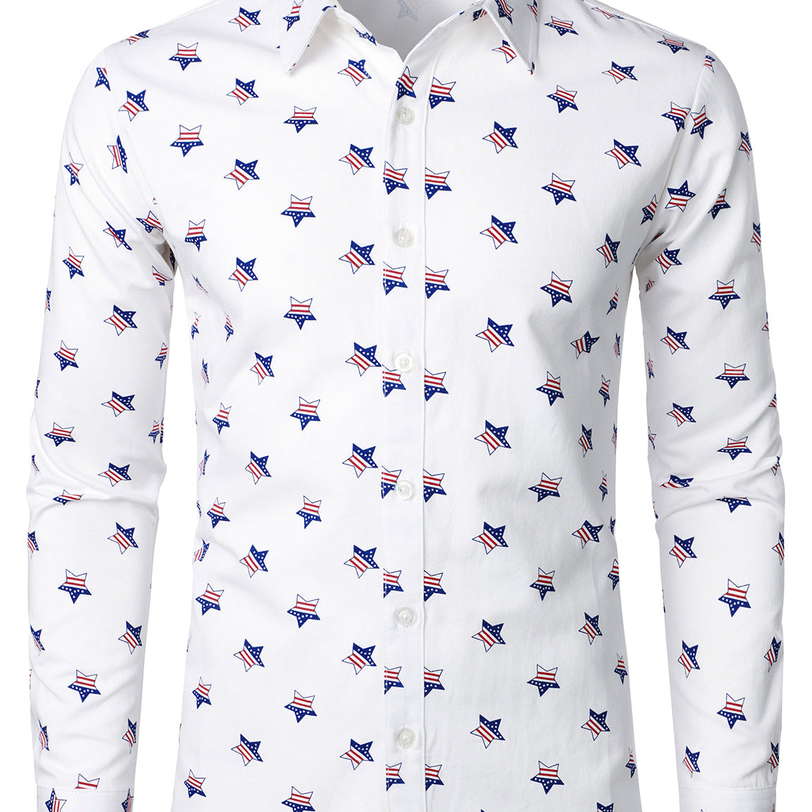 Men's Stars and Flag Print White Button Long Sleeve Shirt