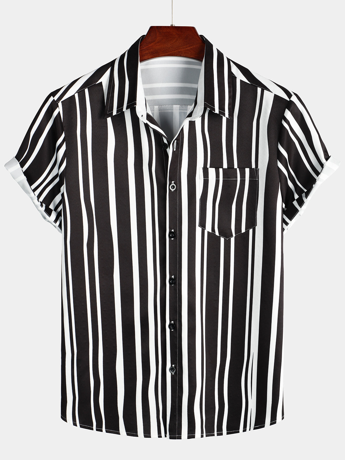 Men's Summer Black And White Vertical Striped Pocket Short Sleeve Shirt