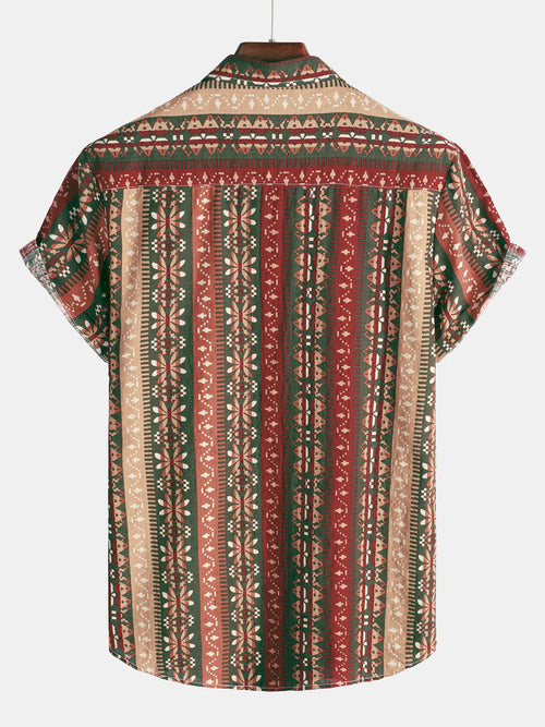 Men's Vintage Floral Vertical Striped 70s Button up Cotton Brown Orange Bohemian Short Sleeve Shirt