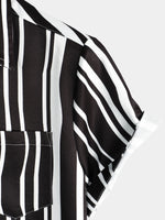Men's Summer Black And White Vertical Striped Pocket Short Sleeve Shirt