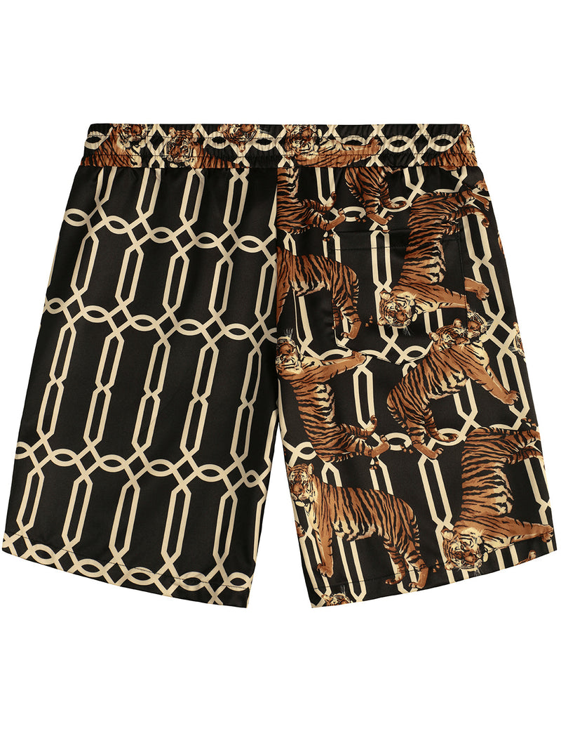 Men's Tiger Animal Print Patchwork Pocket Shirt & Shorts Set
