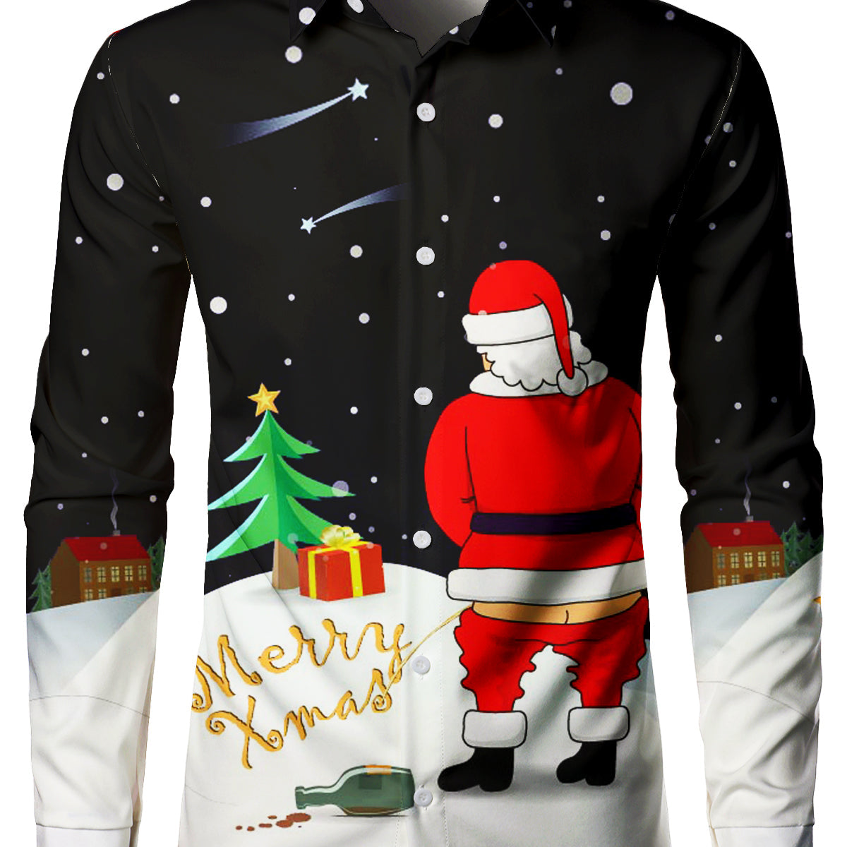 Men's Novelty Santa Piss Merry Christmas Print Button Up Long Sleeve Funny Ugly Christmas Shirt