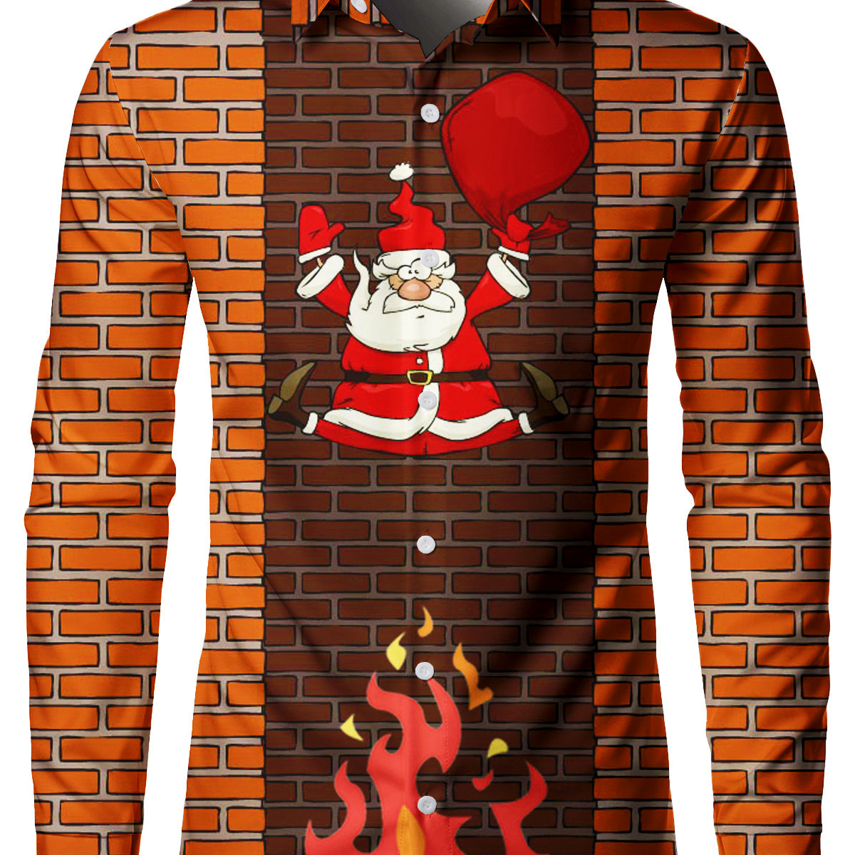 Men's Novelty Christmas Santa Delivering Gifts Chimney Xmas Day Button Up Themed Party Long Sleeve Shirt