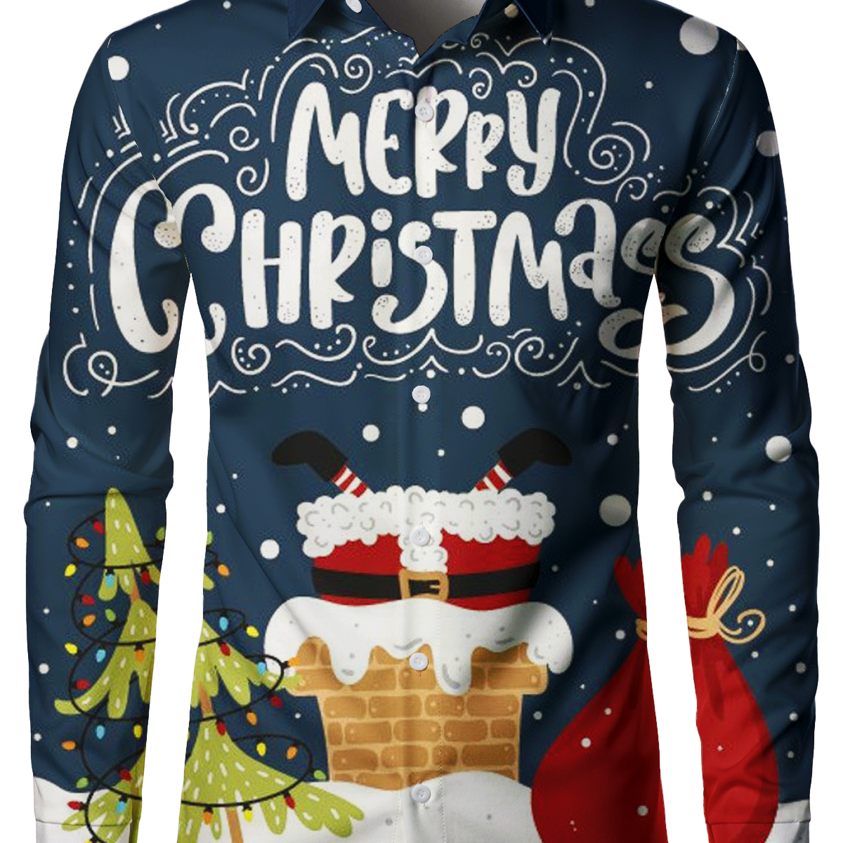 Men's Funny Santa Claus Merry Christmas Chimney Gifts Xmas Day Button Up Long Sleeve Shirt