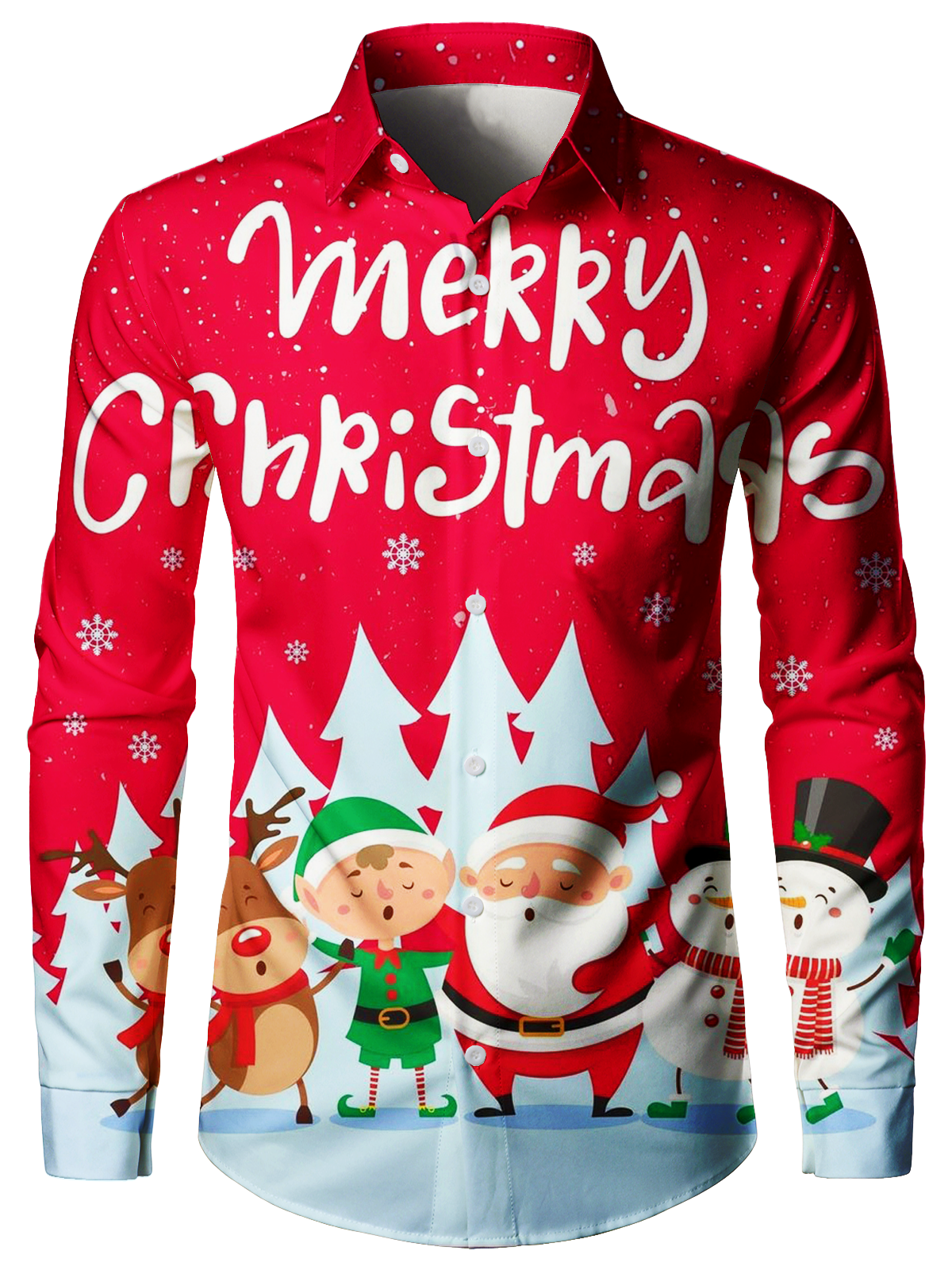 Men's Merry Christmas Cute Santa Elk Reindeer Snowman Print Holiday Xmas Day Button Up Red  Long Sleeve Shirt