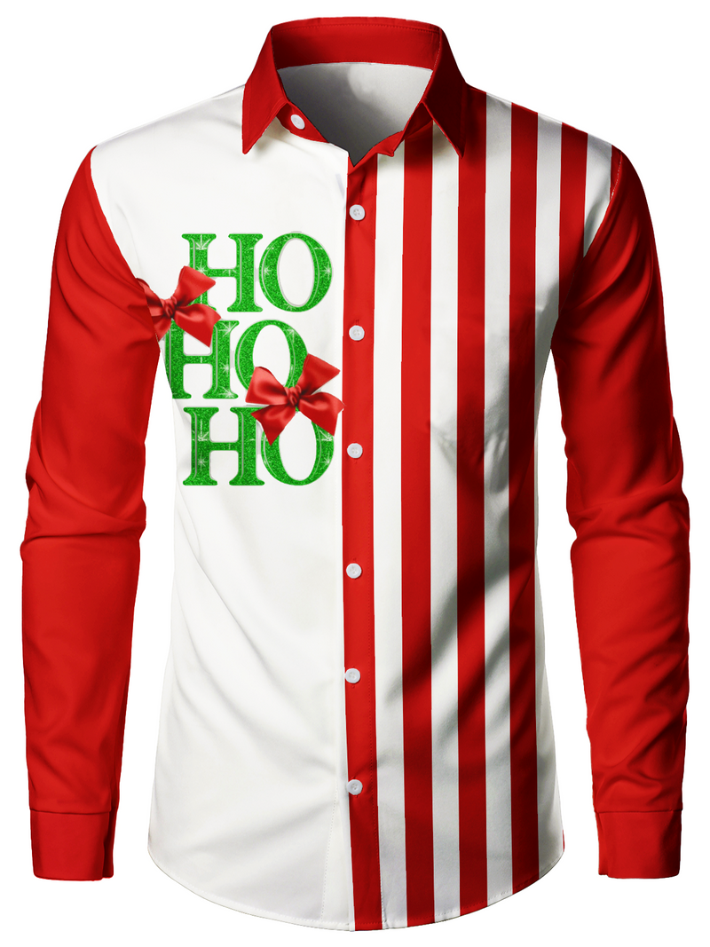 Men's Red Striped Ho Ho Ho Xmas Day Button Up Christmas Long Sleeve Shirt