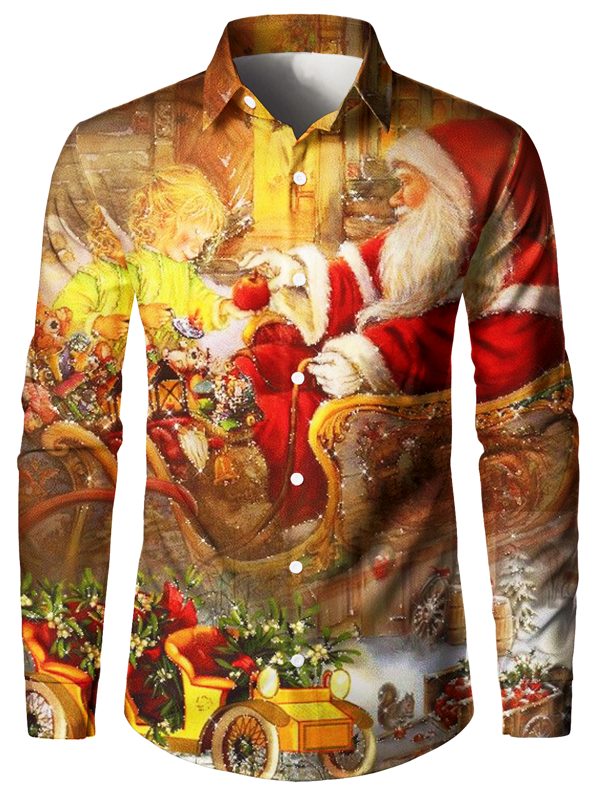 Men's Vintage Christmas Santa Gifts Button Up Long Sleeve Shirt