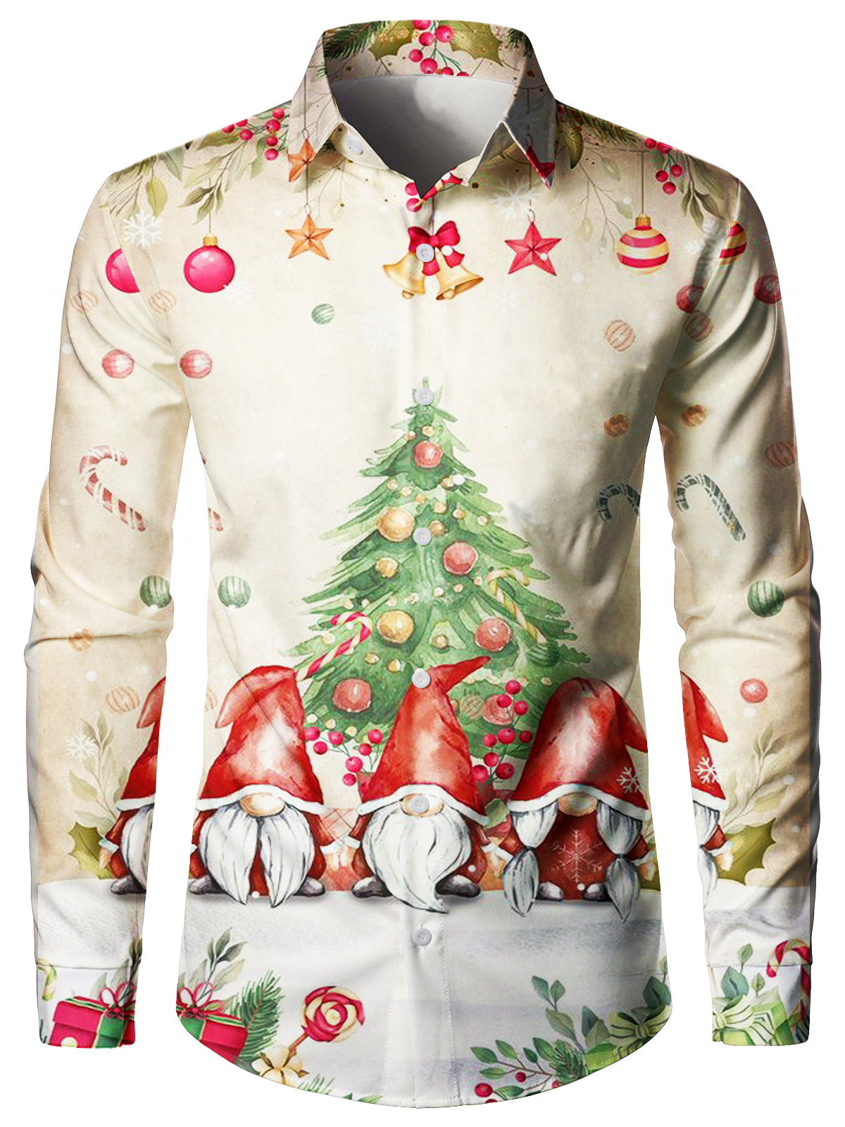 Men's Cute Gnome Christmas Button Up Long Sleeve Xmas Day Holiday Party Shirt