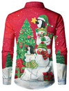 Men's Snowman And Christmas Tree Red Button Up Long Sleeve Shirt