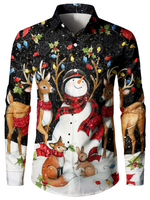 Men's Snowman And Reindeer Elk Black Button Up Long Sleeve Shirt