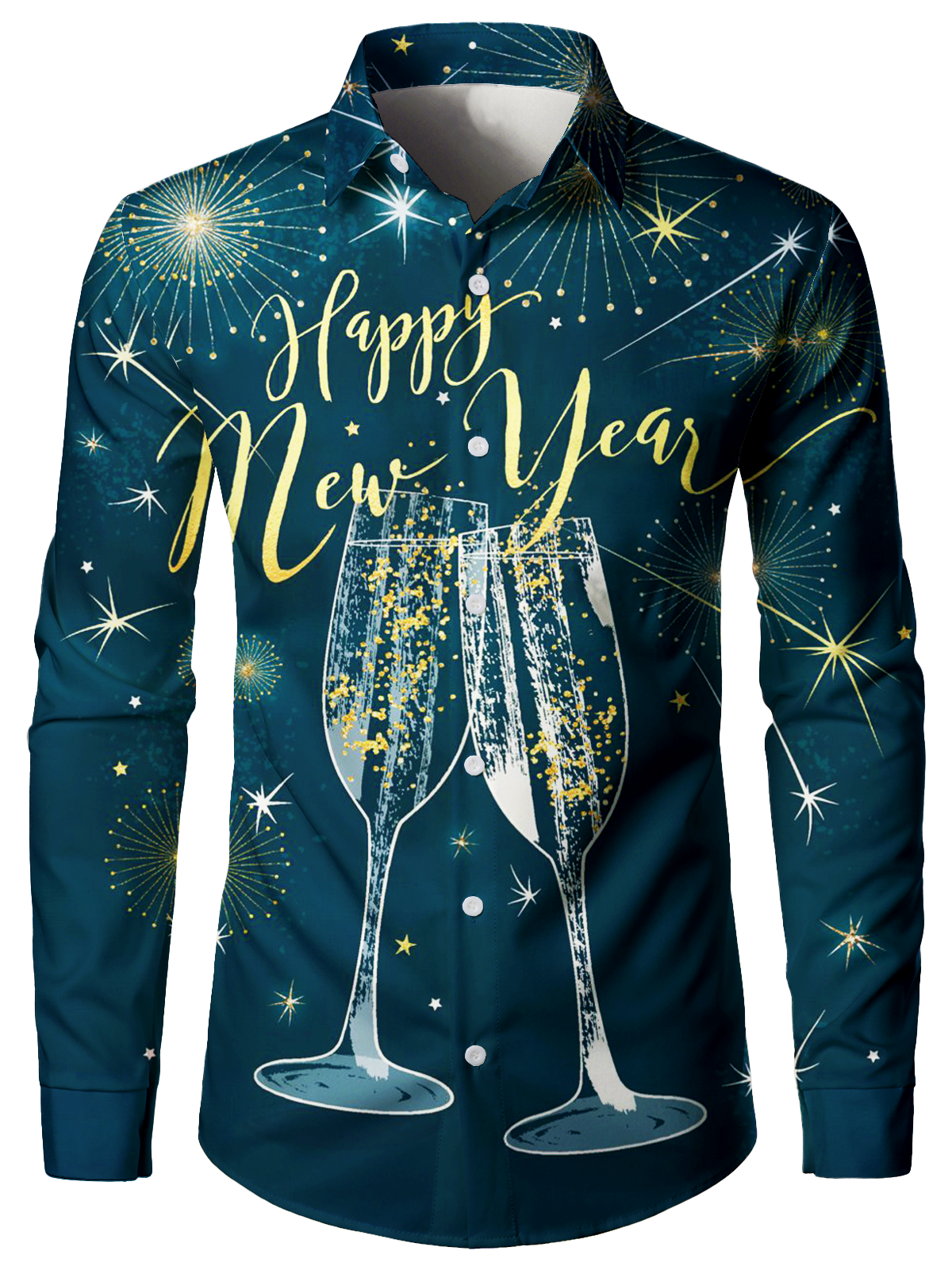 Men's Happy New Year Eve Festival Fireworks Holiday Print Blue Long Sleeve Shirt