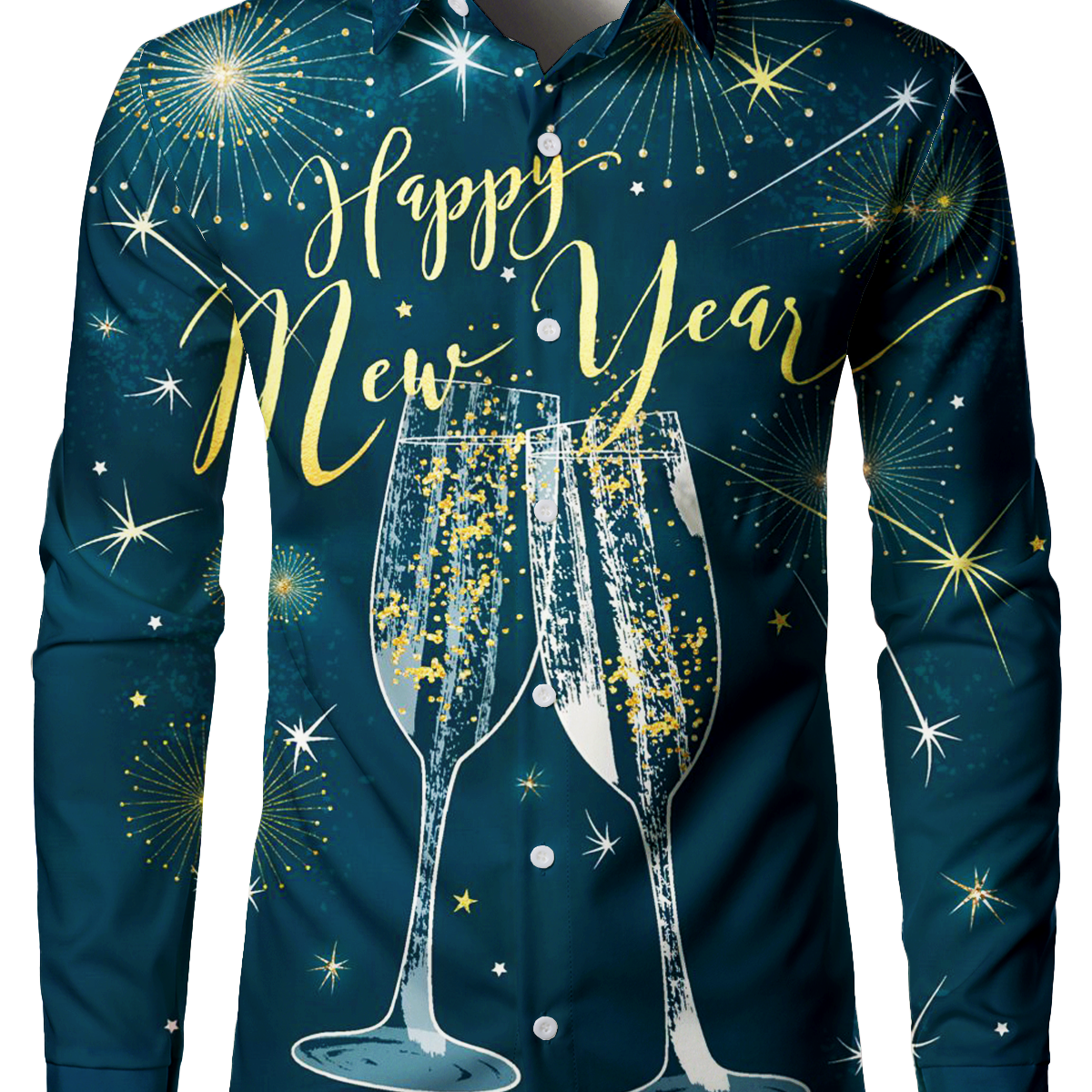 Men's Happy New Year Eve Festival Fireworks Holiday Print Blue Long Sleeve Shirt