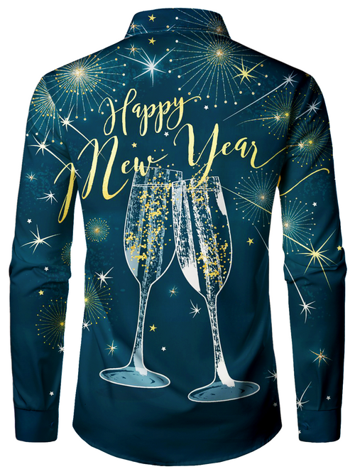 Men's Happy New Year Eve Festival Fireworks Holiday Print Blue Long Sleeve Shirt