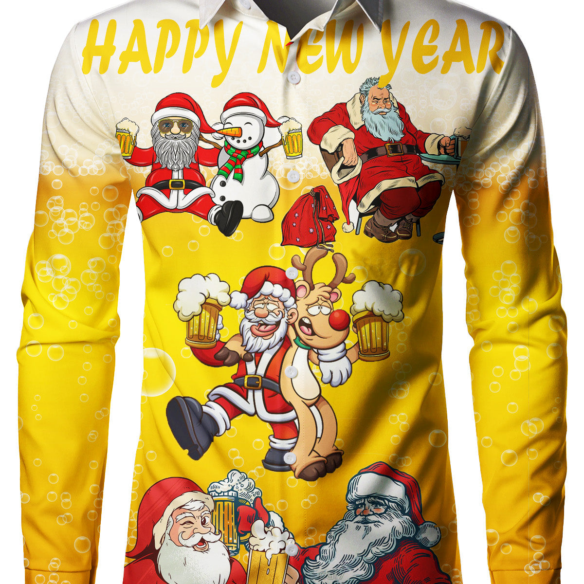 Men's Christmas Santa Claus Beer Print Cheers Happy New Year Shirt