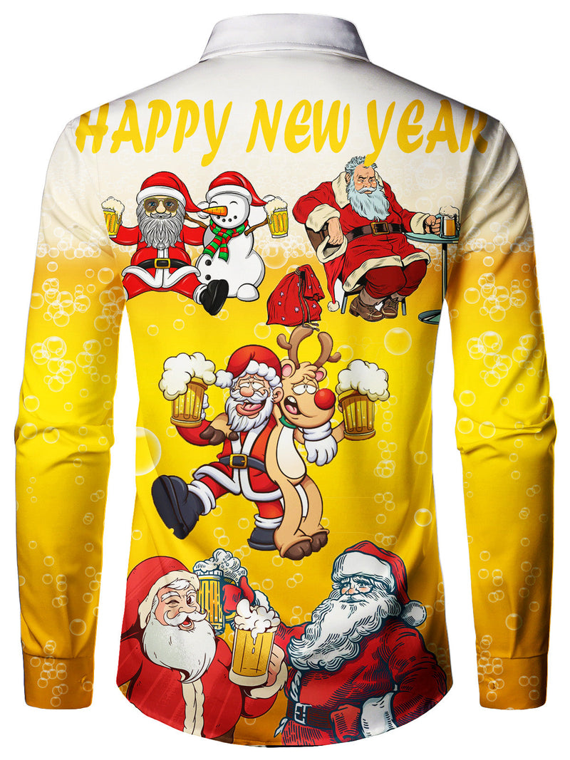 Men's Christmas Santa Claus Beer Print Cheers Happy New Year Shirt