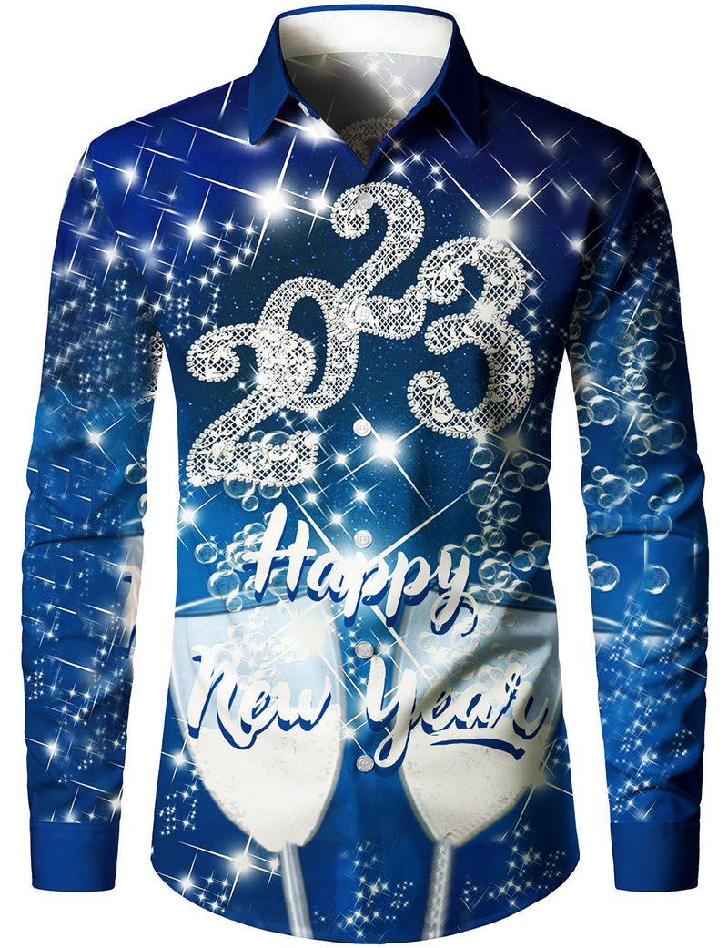 Men's Happy New Year Eve Party Cheers 2023 Festival Holiday Long Sleeve Shirt