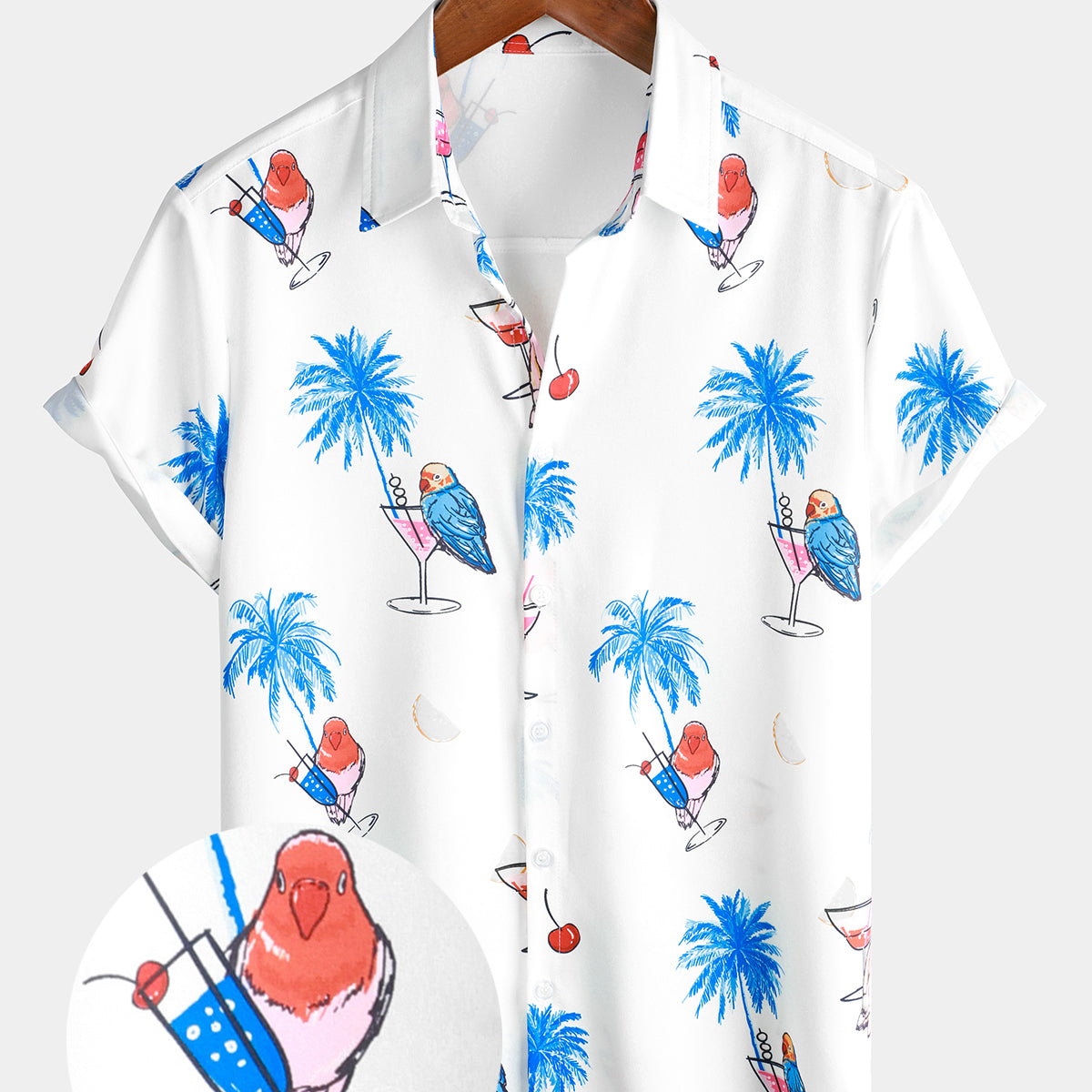 Camisa de manga corta para hombre con estampado de cóctel de animales, palmera tropical, loro, informal, hawaiana, fiesta navideña