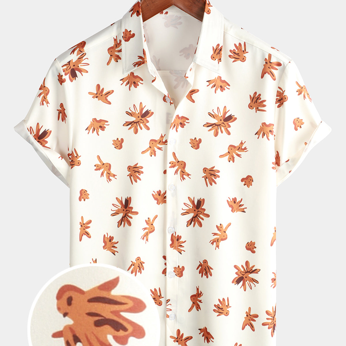 Camisa beige de manga corta de playa hawaiana con botones y estampado floral para hombre