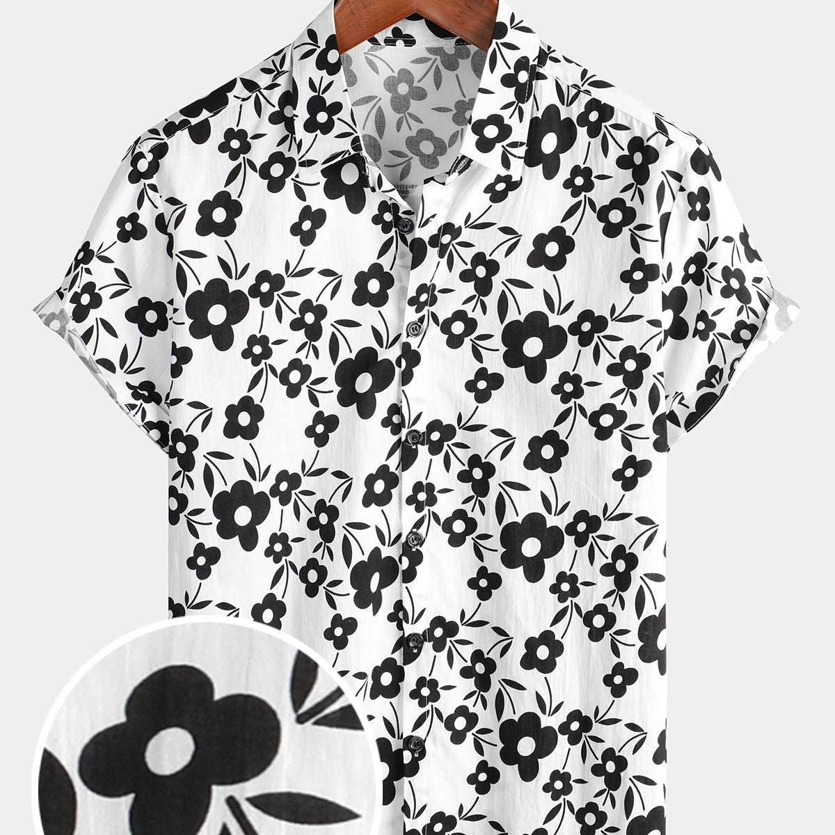 Camisa de manga corta tropical transpirable con botones de algodón blanco y negro de verano floral para hombre