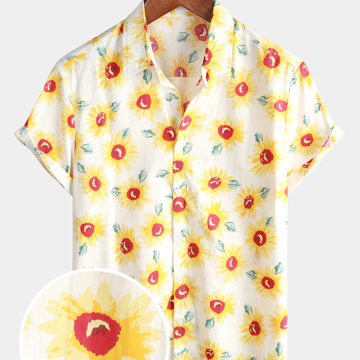 Camisa de manga corta amarilla con botones de girasol de algodón floral vintage para hombre