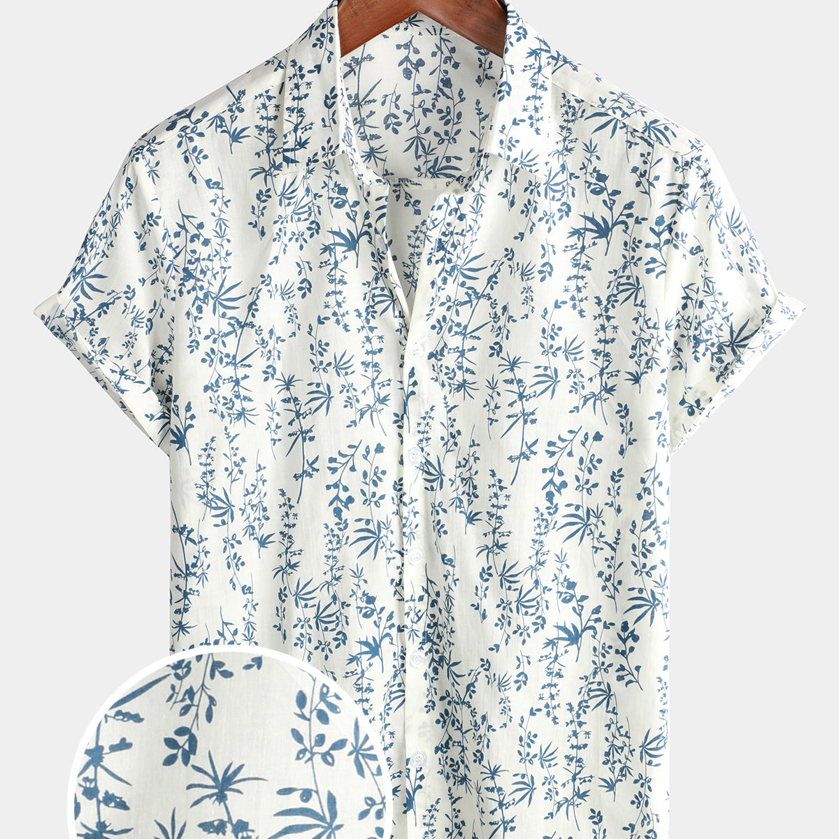 Camisa de manga corta de verano con botones florales de algodón para hombre