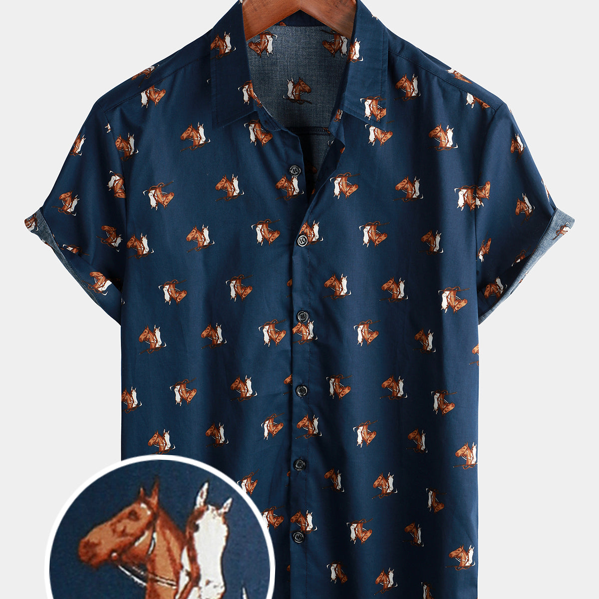 Camisa de manga corta hawaiana con botones y estampado de caballo occidental retro para hombre