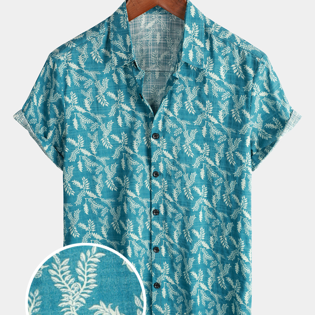 Camisa con botones transpirable de manga corta para playa de algodón para vacaciones con flores retro y estampado floral azul para hombre