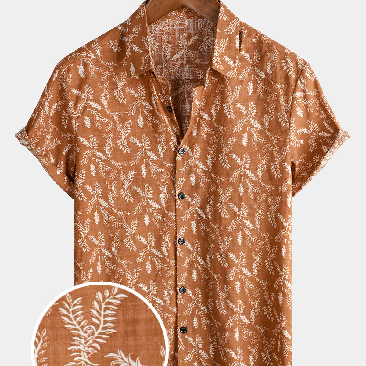 Camisa con botones transpirable de manga corta retro de algodón para vacaciones con flores marrones vintage con estampado floral para hombres