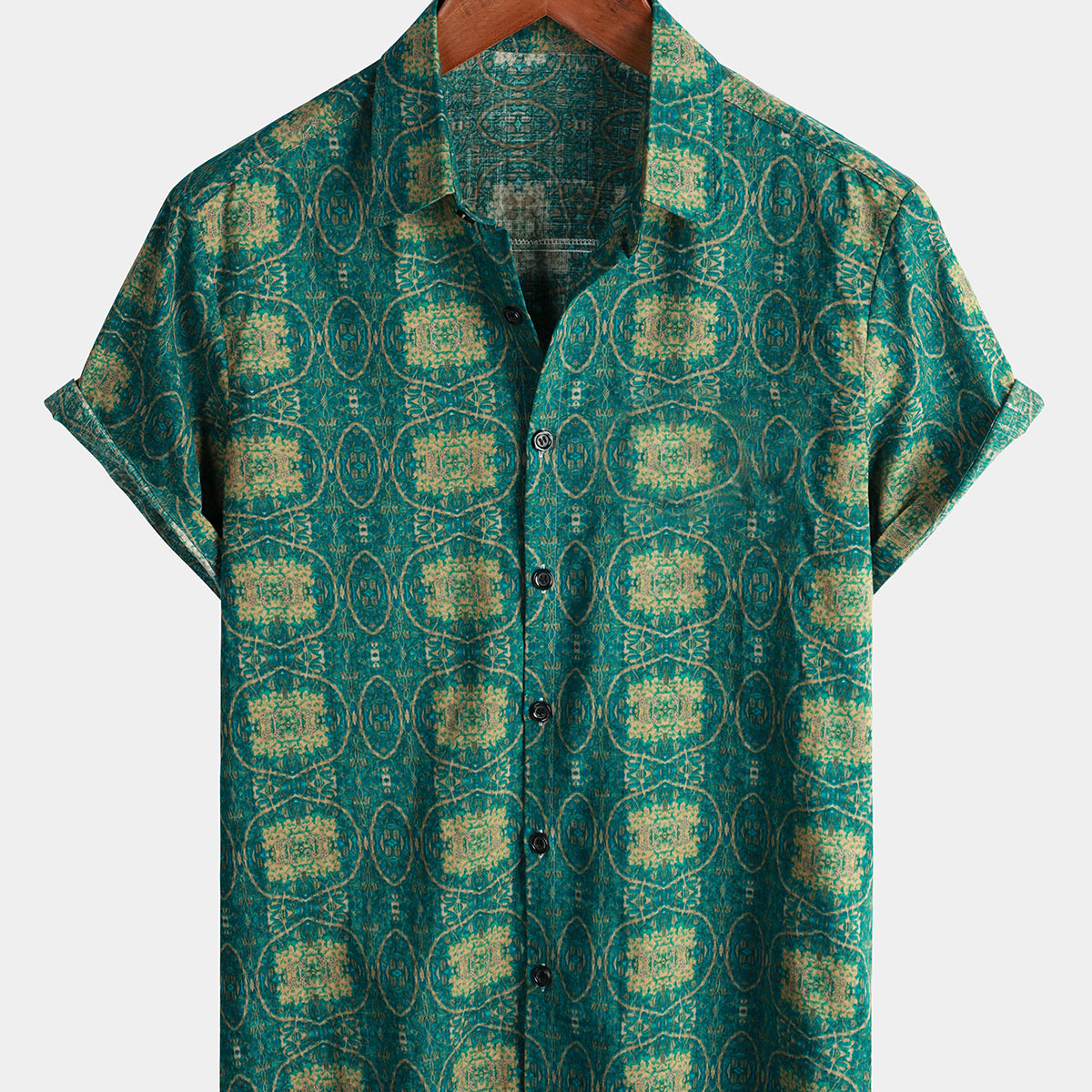 Camisa informal de algodón a rayas verdes vintage de manga corta de los años 70 con botones de verano retro para hombre