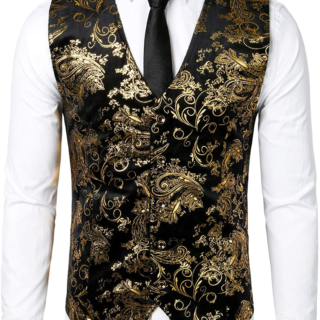 Mens Hipster Metallic Paisley Print Single Breasted V-Neck Black Suit Vest/Tuxedo Waistcoat