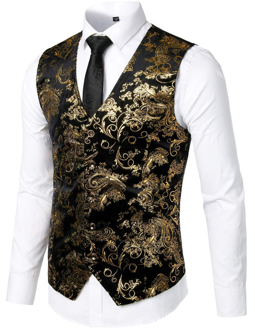 Mens Hipster Metallic Paisley Print Single Breasted V-Neck Suit Vest/Tuxedo Waistcoat