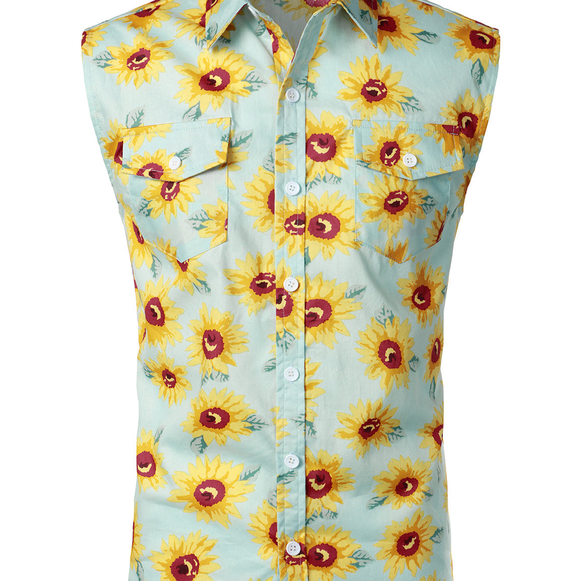 Men's Cotton Sunflower Pocket Light Blue Hawaiian Sleeveless Shirt