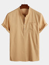 Men's Solid Color Stand Collar Half Button Pocket Front Shirt