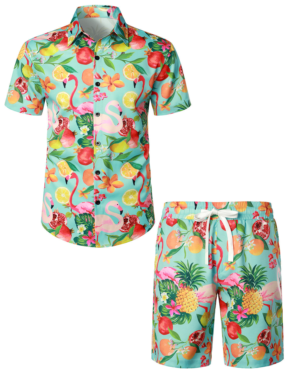 Men's Flamingo Pineapple Print Hawaiian Shirt & Shorts Set