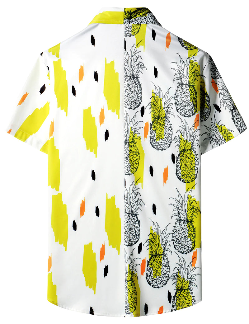Men's Pineapple Tropical Fruit Print Pocket Hawaiian Button Up Summer Vacation Beach Aloha Short Sleeve Shirt