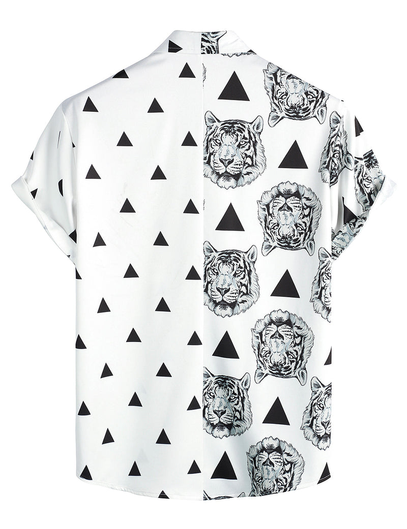 Men's Tiger And Triangle Animal Print Patchwork Pocket Shirt & Shorts Set