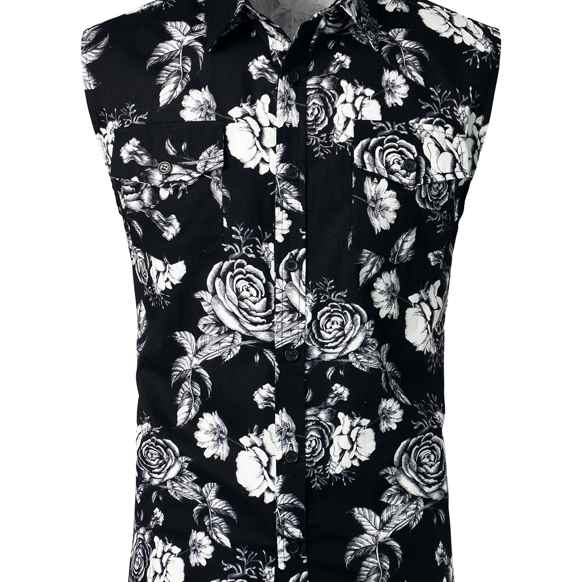 Men's Cotton Floral Sleeveless Pocket Beach Cool Black Shirt