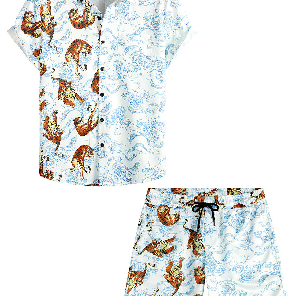 Men's Tiger And Waves Print Animal Patchwork Pocket Shirt & Shorts Set