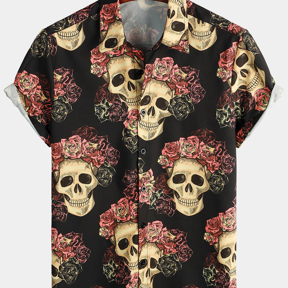 Men's Pink Funny Skull Print Short Sleeve Shirt